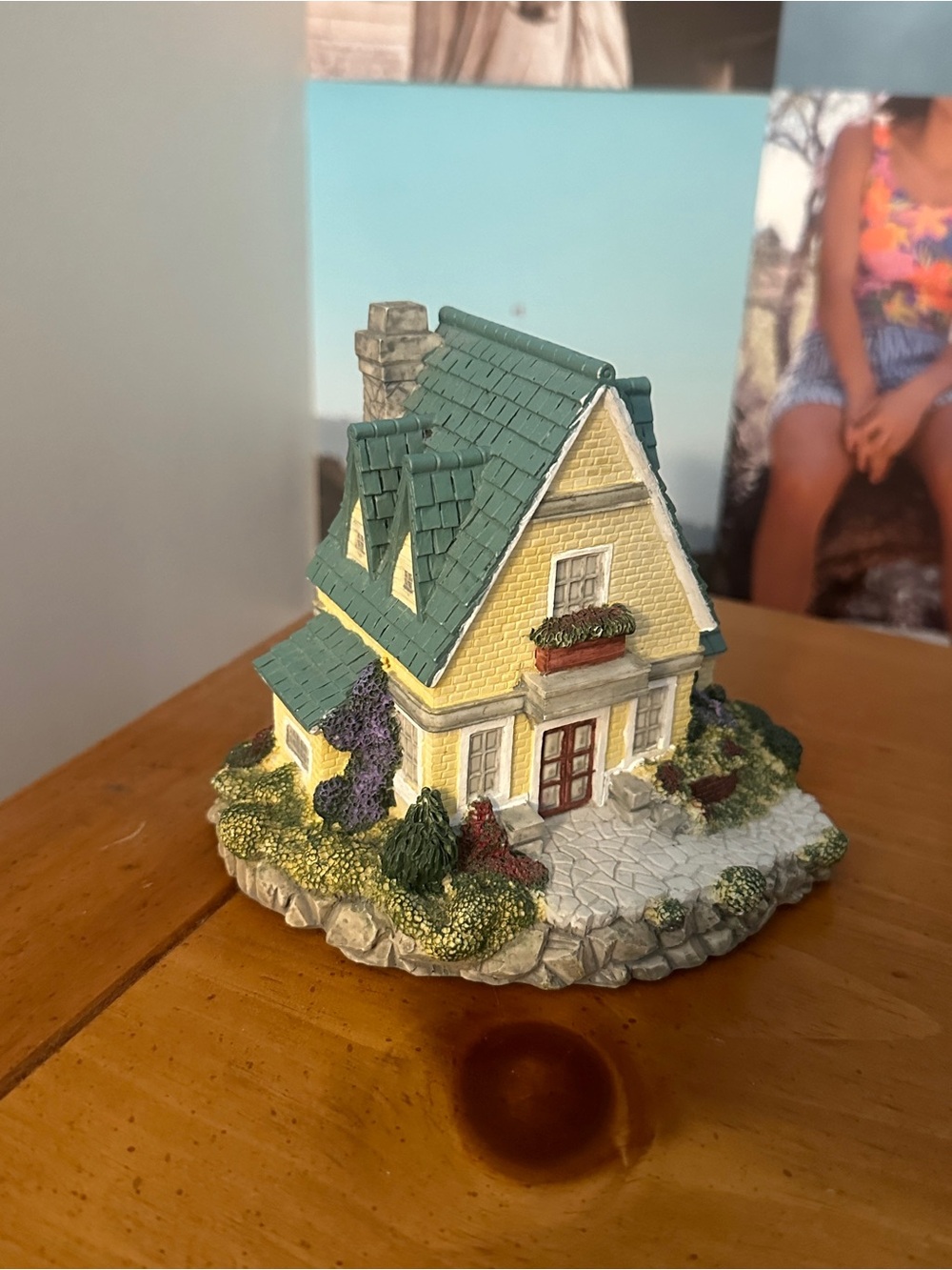 Yellow Cottage Figurine with Green Roof Decorative Home Accent